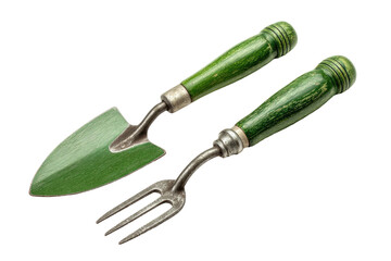 Two small gardening tools on a black background a trowel and a hand fork with green handles