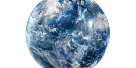 A photorealistic rendering of the Earth, showcasing continents, oceans, and atmospheric clouds