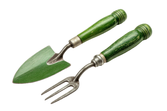 Two small gardening tools on a black background a trowel and a hand fork with green handles - Powered by Adobe