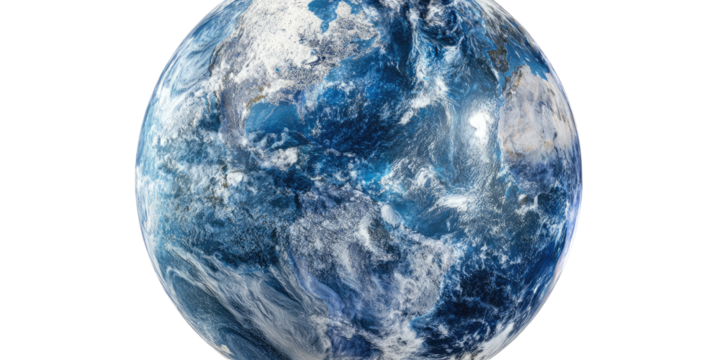 A photorealistic rendering of the Earth, showcasing continents, oceans, and atmospheric clouds