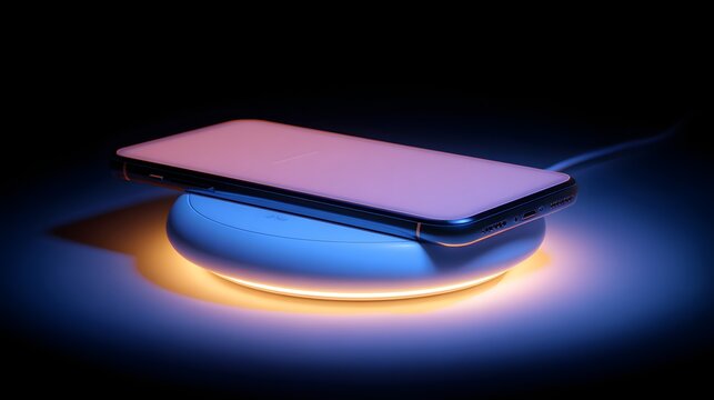 Wireless charging device illuminated by a blend of blue and orange light provides an elegant tech concept, showcasing a smartphone on a charging pad against a dark backdrop, highlighting modern...