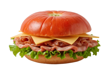 Tomato bagel sandwich with ham cheese and lettuce isolated on a transparent background