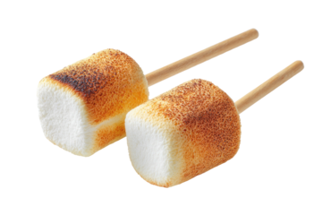 Two toasted marshmallows on wooden skewers, isolated against a dark background, ready to eat
