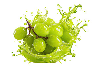 A cluster of green grapes is splashed into vibrant green juice, creating a dynamic, fruit-filled burst