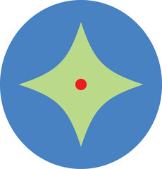 A circular design with a blue background a green diamond shape and a red dot in the center of it all