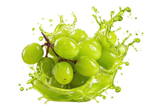 A cluster of green grapes is splashed into vibrant green juice, creating a dynamic, fruit-filled burst