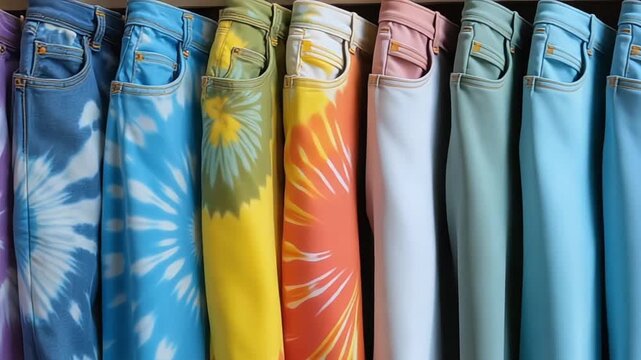 Row of colorful tie-dye jeans hanging in a closet creating a vibrant display of fashion