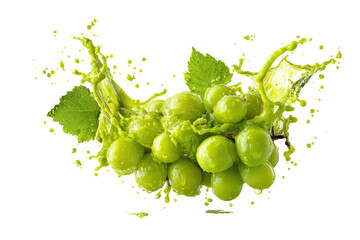 Green grapes splash with a vibrant, fresh juice burst, isolated on a black background
