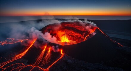 Majestic Volcano Eruption with Flowing Lava at Sunset
