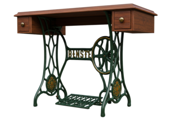 Antique sewing machine table with wooden top isolated, vintage furniture with ornate metal base and drawers for home decor