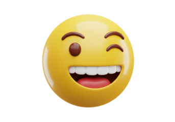 Yellow winking emoji PNG isolated on transparent background, 3D rendering of a happy face with a smile and a wink, social media icon