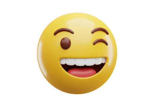 Yellow winking emoji PNG isolated on transparent background, 3D rendering of a happy face with a smile and a wink, social media icon