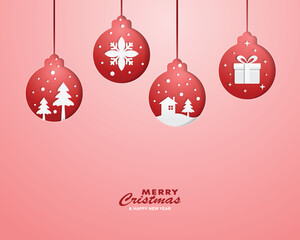 Christmas card design. Christmas ball icon on red background. Marry Christmas background
