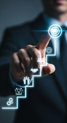 Businessman touching glowing digital staircase with career icons leading to success