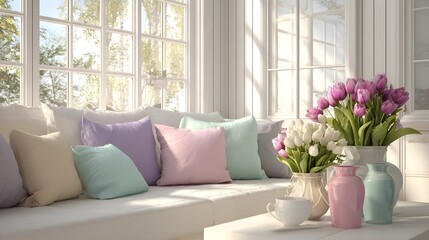 Bright, airy living room with pastel cushions, tulips, and a cozy, inviting springtime aesthetic
