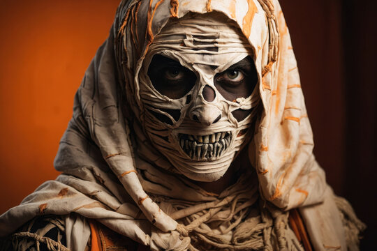 Person in scary Halloween zombie mummy costume on dark background AI Generative