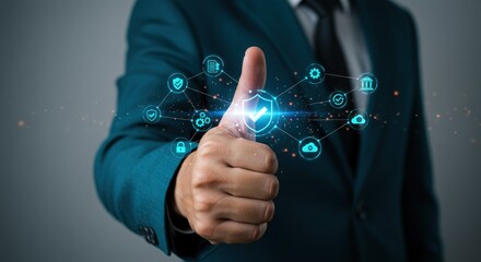 Businessman gives thumbs up with digital network overlay