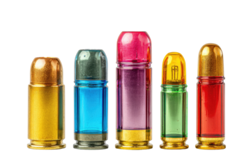 Five brightly colored cartridges with golden tips and translucent bodies, set against a black background
