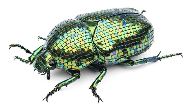 A macro photograph of an iridescent beetle with a shell covered in a colorful mosaic of green yellow and blue tiles set against a white background