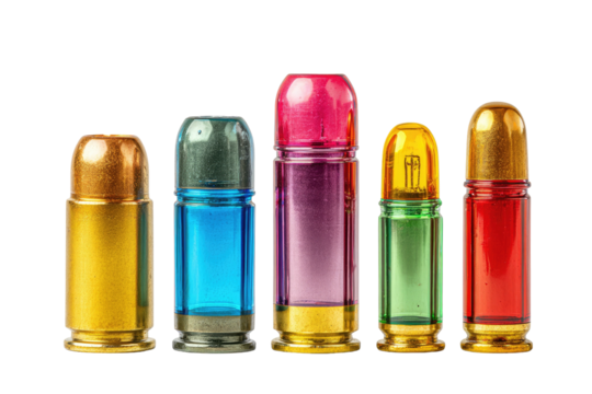 Five brightly colored cartridges with golden tips and translucent bodies, set against a black background