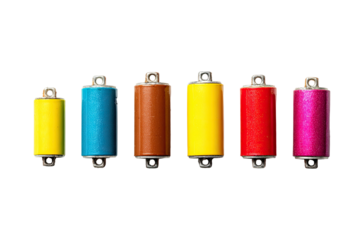 A horizontal row showcases six colorful cylindrical components against a stark black backdrop