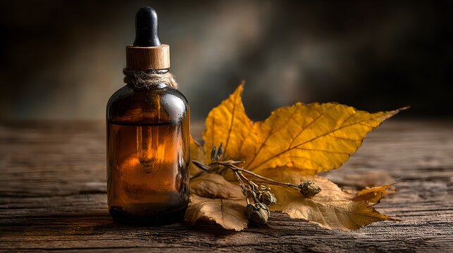 A vintage glass dropper bottle filled with amber liquid sits on a weathered wooden surface alongside dried autumn leaves, creating a rustic and natural aesthetic with warm lighting, evoking notions...