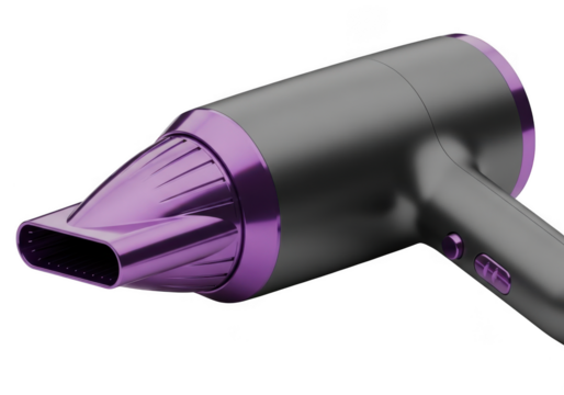 Closeup of a modern gray and purple hair dryer isolated on transparent background for professional styling