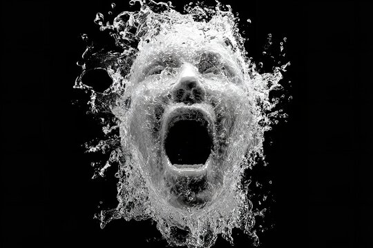 Surreal water face screaming in the void, digital art for mental health awareness, dramatic conceptual art, water splashing, liquid emotions and inner turmoil