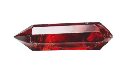 A faceted, elongated, red crystal with a reflective central plane against a black background