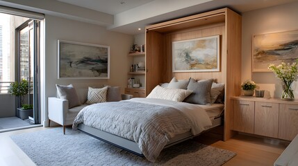 Modern studio apartment interior with a stylish murphy bed and neutral, calming aesthetic.