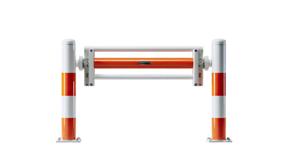 A safety barrier with orange and white stripes. Supports for the gate are also striped