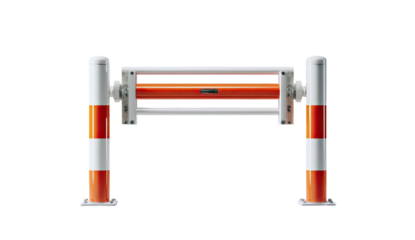 A safety barrier with orange and white stripes. Supports for the gate are also striped