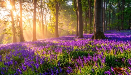 Naklejka premium Forest floor ablaze with a sea of bluebells. Sun filters through tall trees in a vibrant, tranquil scene
