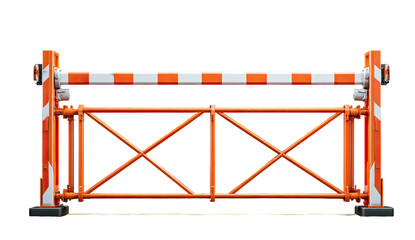 A vibrant construction barrier, painted in orange and white, stands isolated against a black backdrop