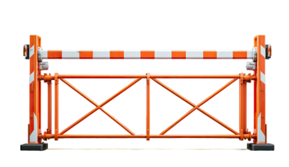 A vibrant construction barrier, painted in orange and white, stands isolated against a black backdrop