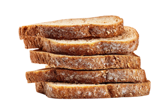 A stack of freshly cut, whole grain bread slices, isolated with a transparent background