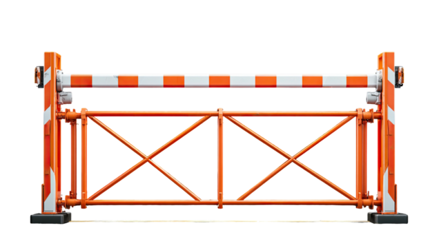 A vibrant construction barrier, painted in orange and white, stands isolated against a black backdrop