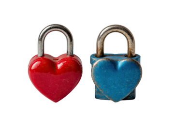 Two heart-shaped padlocks, one red, one blue, symbolizing love, connection, and security, isolated