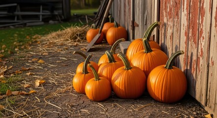 Fresh orange pumpkin harvest scene with rustic wooden barn backdrop. Autumn farm decoration for Thanksgiving and Halloween Holiday design.