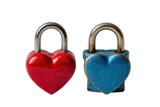 Two heart-shaped padlocks, one red, one blue, symbolizing love, connection, and security, isolated