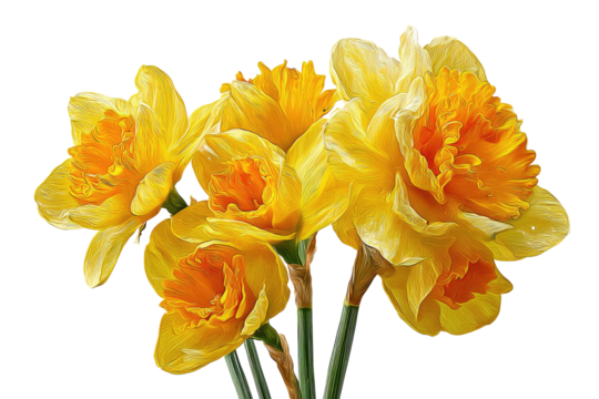 Close-up of a cluster of vibrant yellow double daffodil flowers with orange cups and green stems
