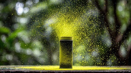 Medium shot focusing on a vibrant container of powder pesticide being poured slowly with blurred greenery in the backdrop