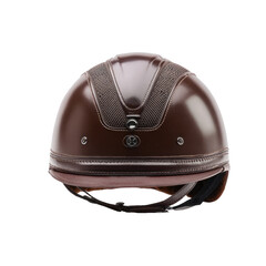 Rear view of a brown equestrian helmet. Mesh panel detail on the crown and leather trim