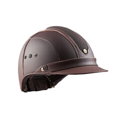 Side view of a dark brown equestrian helmet with a visor, detailed stitching, and subtle vents