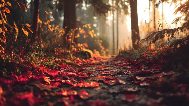 A pathway through the forest is illuminated by the sun, with vibrant red leaves covering the ground and the light creating a warm and inviting atmosphere within the natural environment. - Powered by Adobe