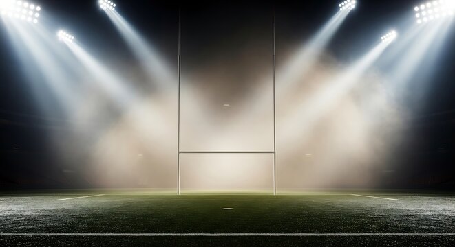 A brightly lit rugby field under stadium lights, with goalposts visible and a hazy, atmospheric glow creating a dramatic sports arena scene.