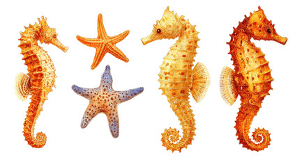 Watercolor illustration of seahorses and starfish on a black background