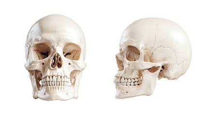 Front and side views of a realistic human skull against a stark black background