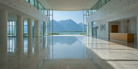 Obraz premium A spacious modern interior features marble floors, tall windows, and a mountain-backed vista
