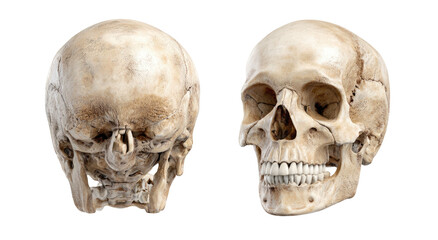 A detailed composite of a human skull from front and back angles